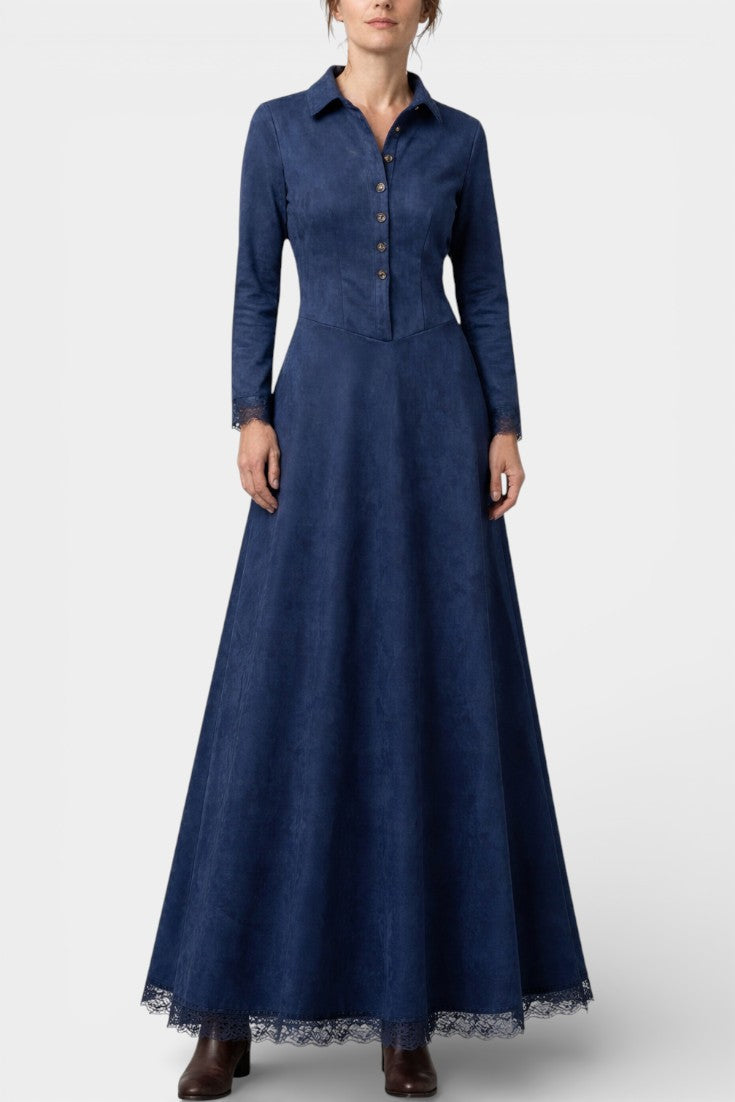 Women’s Suede Shirt-Collar Lace-Trim Maxi Dress