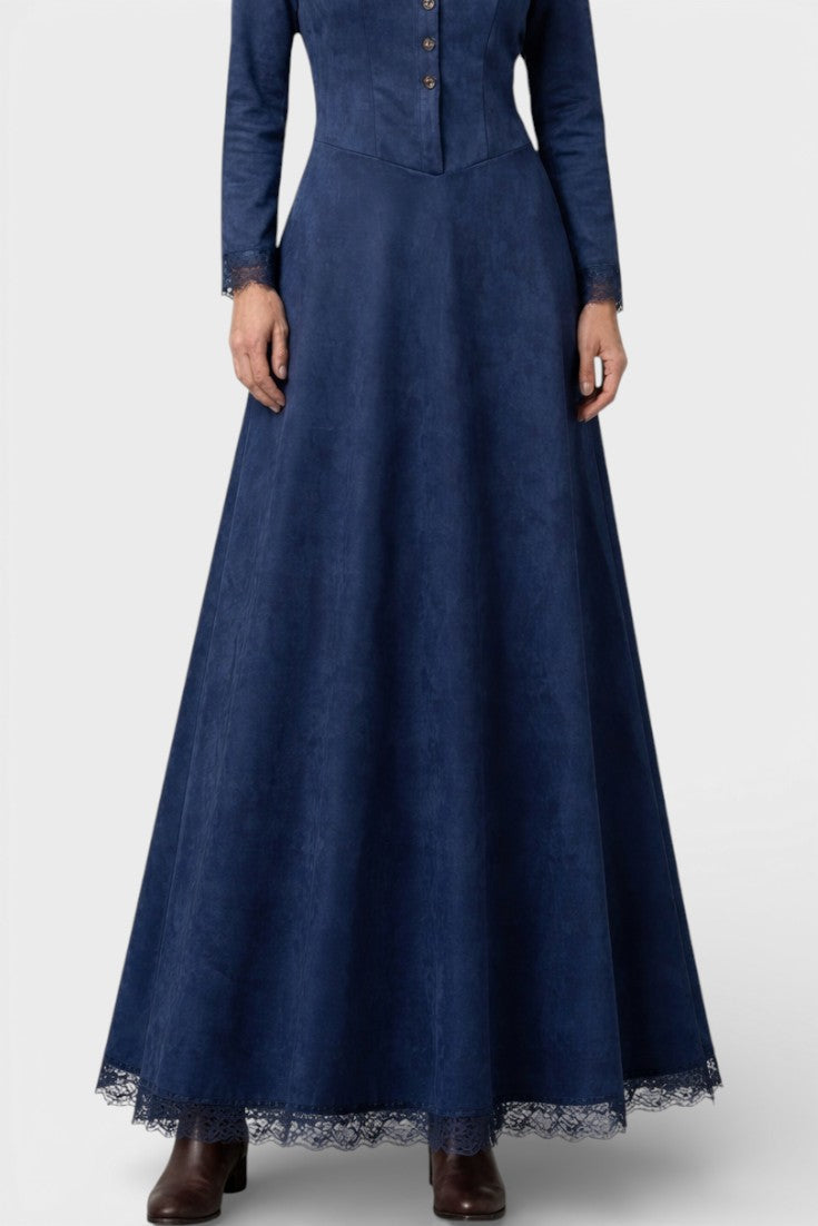 Women’s Suede Shirt-Collar Lace-Trim Maxi Dress