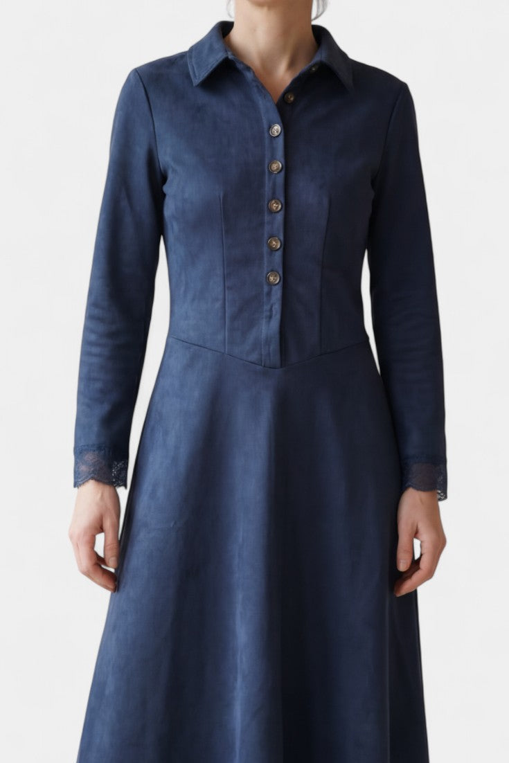 Women’s Suede Shirt-Collar Lace-Trim Maxi Dress