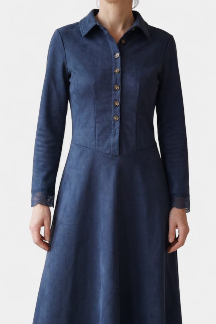 Women’s Suede Shirt-Collar Lace-Trim Maxi Dress