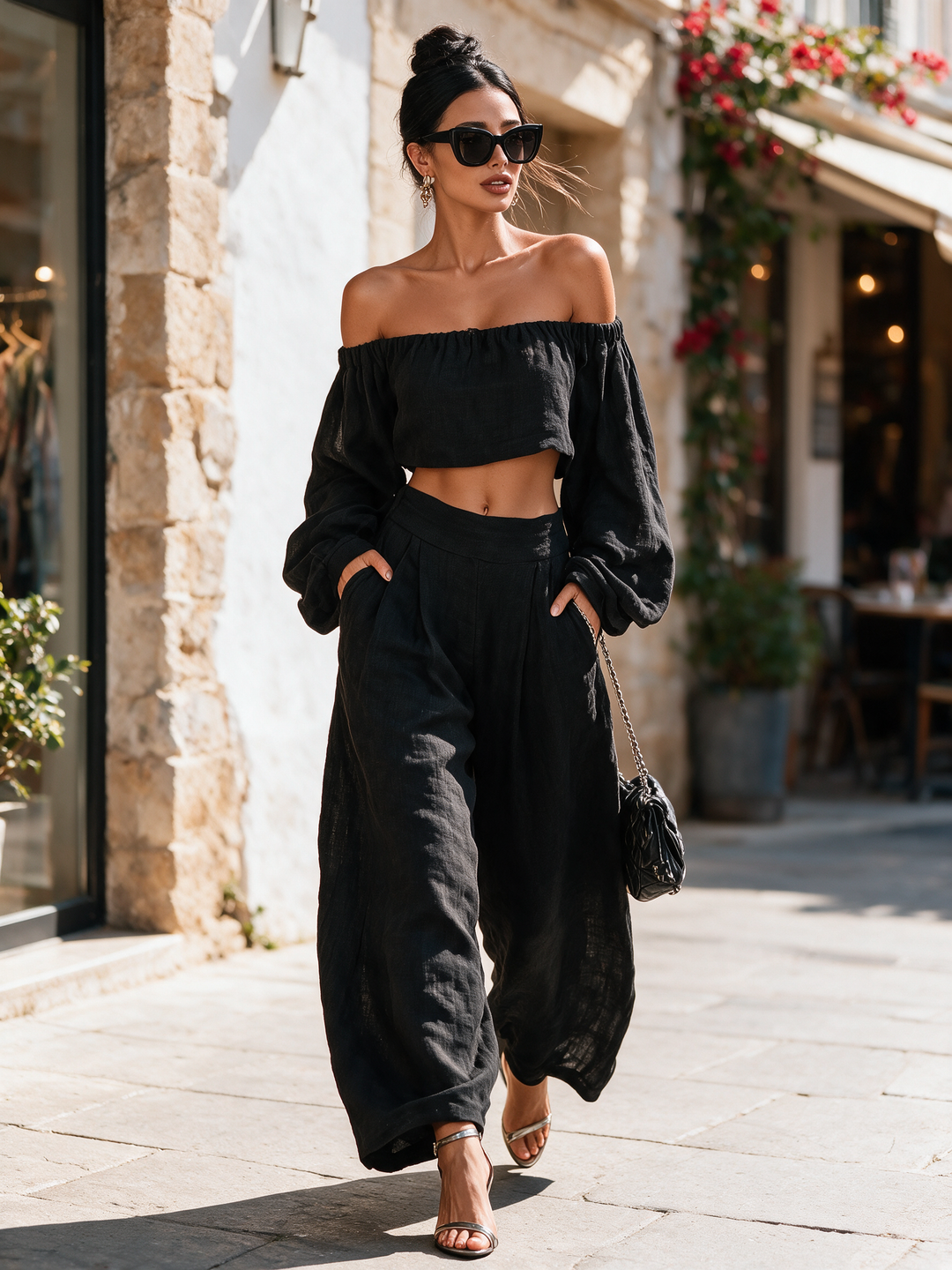 Women's Linen Blend Off-Shoulder Long Sleeve Crop Top & Wide-Leg Pants Set