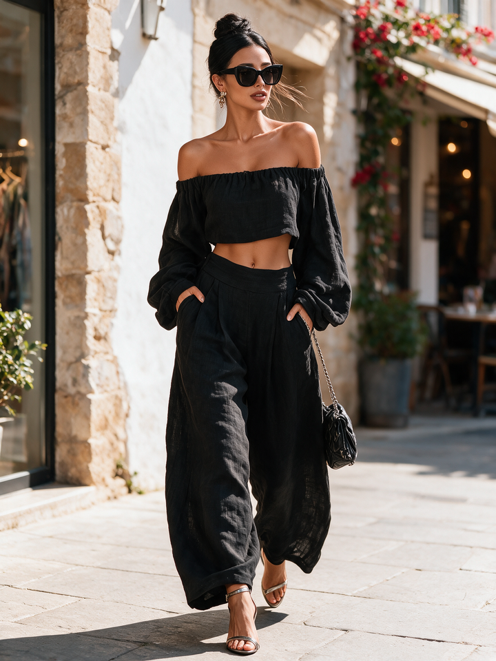 Women's Linen Blend Off-Shoulder Long Sleeve Crop Top & Wide-Leg Pants Set
