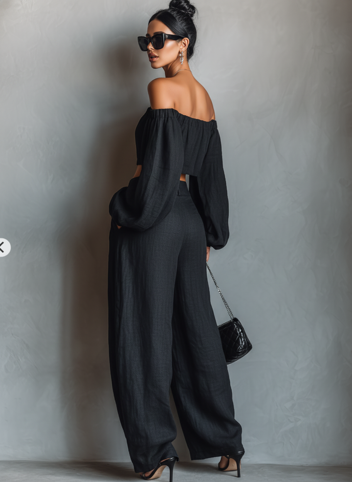 Women's Linen Blend Off-Shoulder Long Sleeve Crop Top & Wide-Leg Pants Set