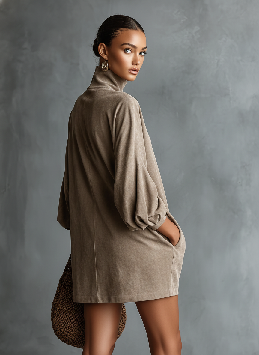 Women's Faux Suede Turtleneck Long Sleeve Mini Dress
