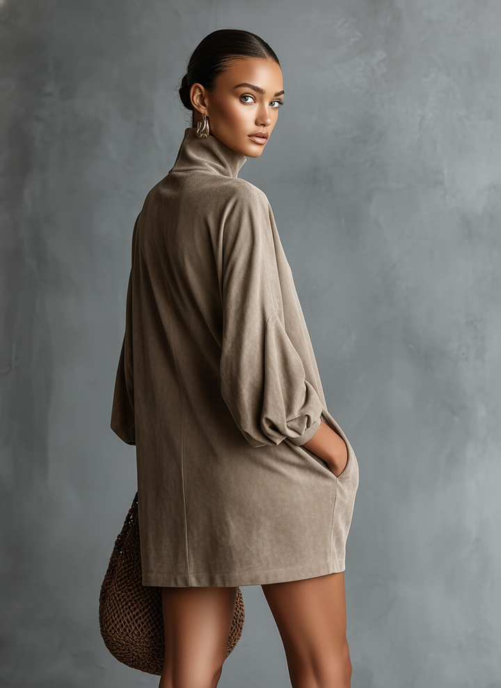 Women's Faux Suede Turtleneck Long Sleeve Mini Dress
