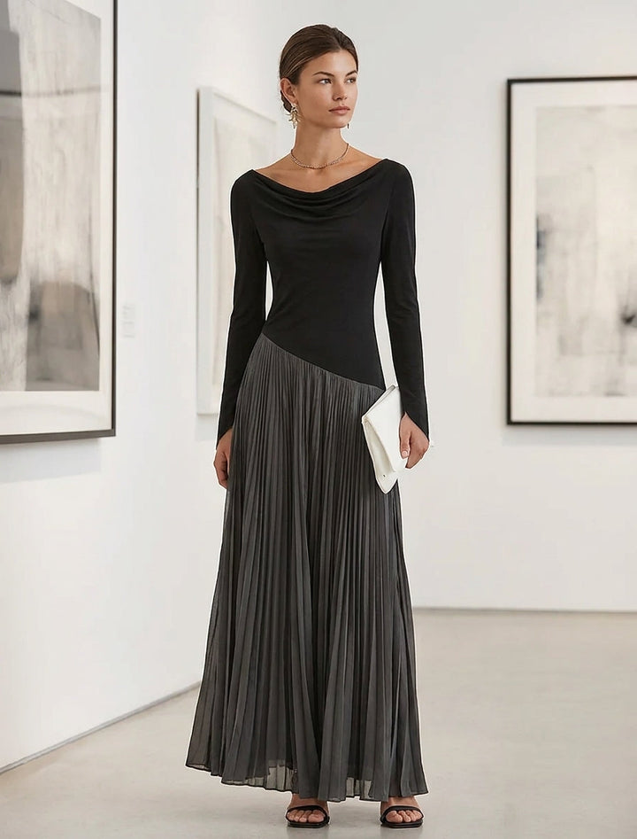 Women's Knit Blend Long Sleeve Pleated Maxi Dress