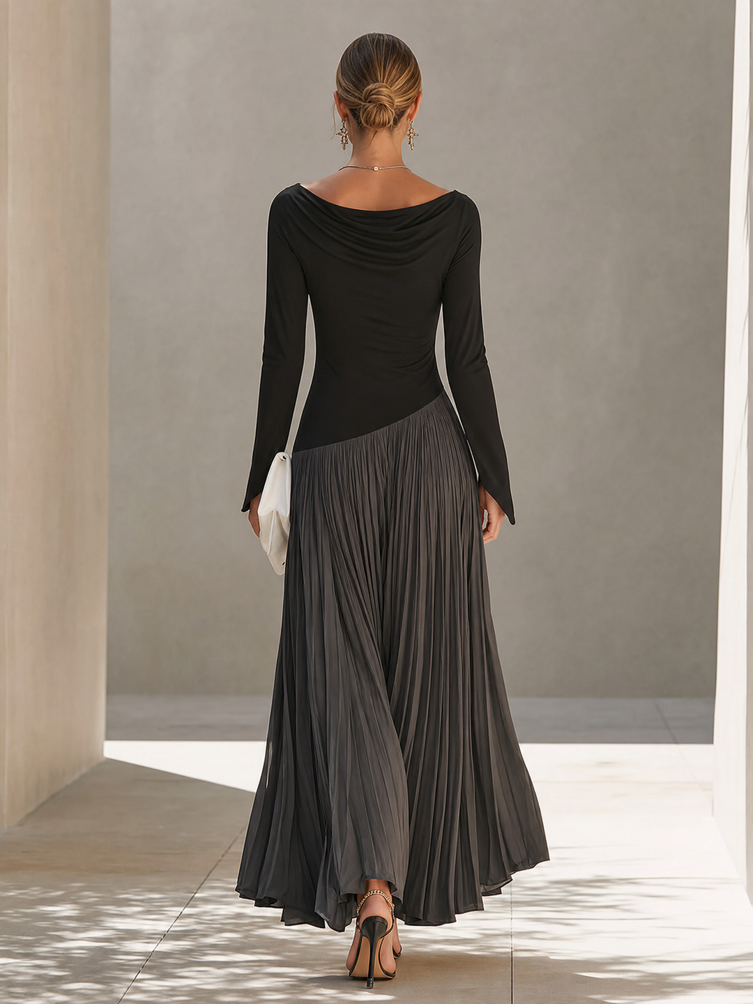 Women's Knit Blend Long Sleeve Pleated Maxi Dress
