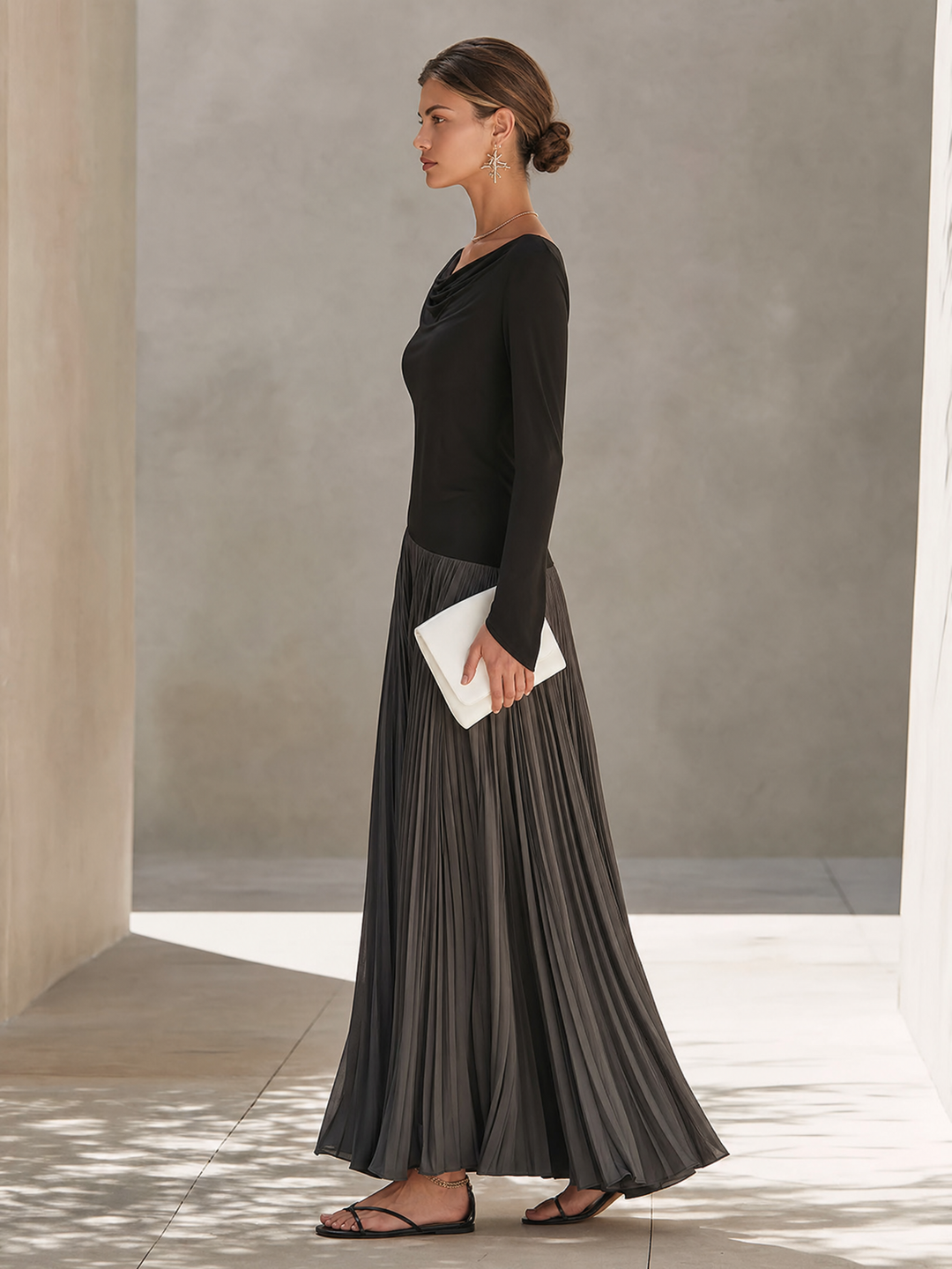 Women's Knit Blend Long Sleeve Pleated Maxi Dress