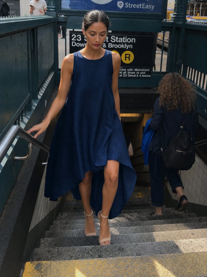 Women's Elegant Linen Sleeveless Round Neck High-Low Midi Dress