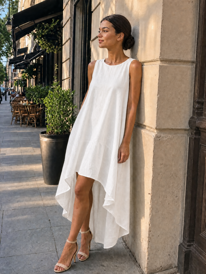 Women's Elegant Linen Sleeveless Round Neck High-Low Midi Dress