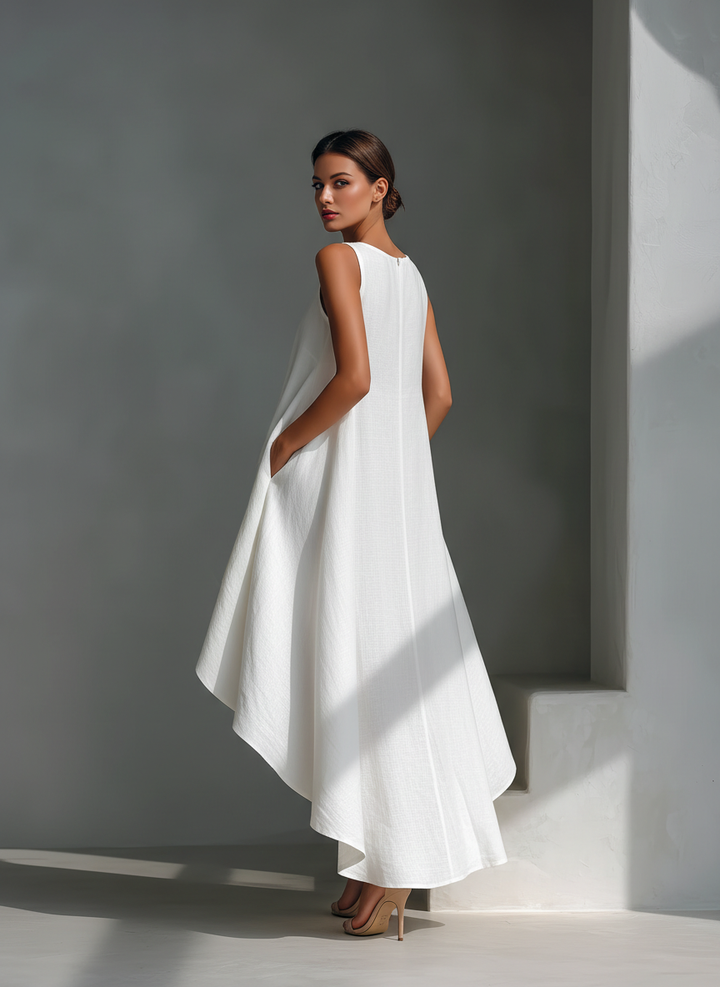 Women's Elegant Linen Sleeveless Round Neck High-Low Midi Dress