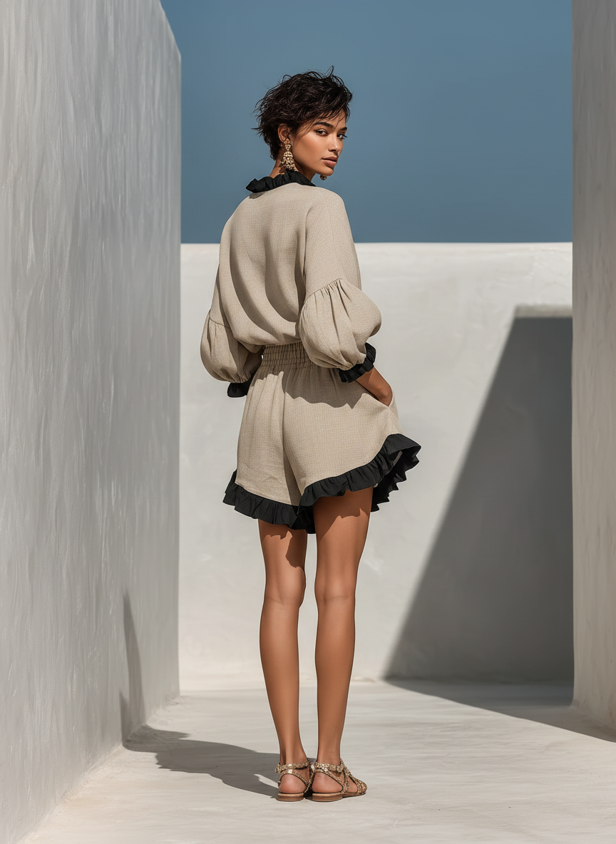 Women's Linen Long Sleeve Shorts Set Two Piece Loungewear