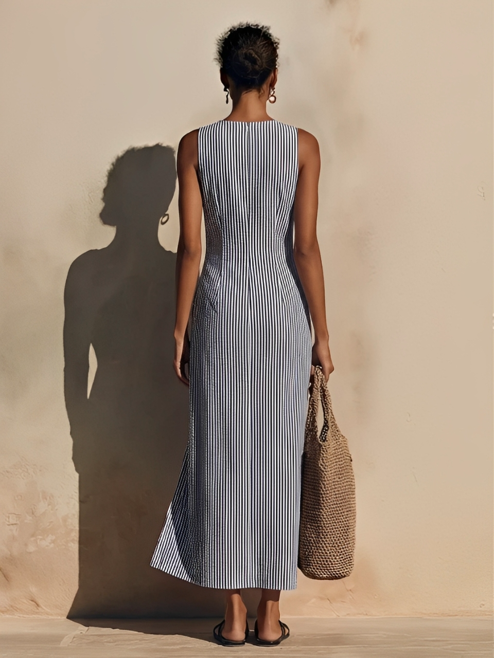 Women's Striped Wrap Maxi Dress Linen Sleeveless Sundress