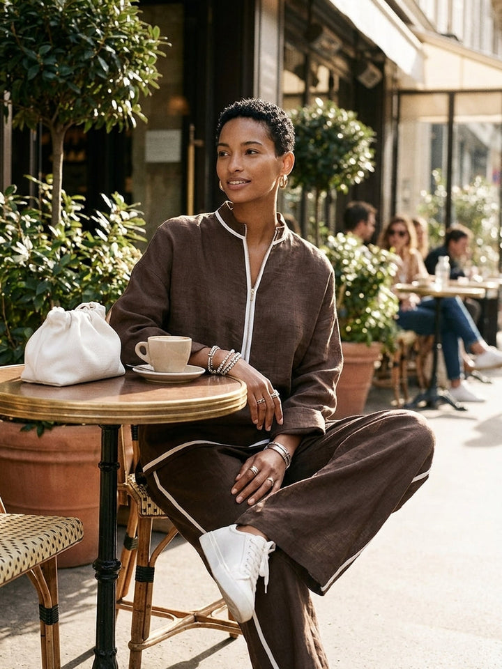 Women Linen Two Piece Set Long Sleeve Top and Wide Leg Trousers