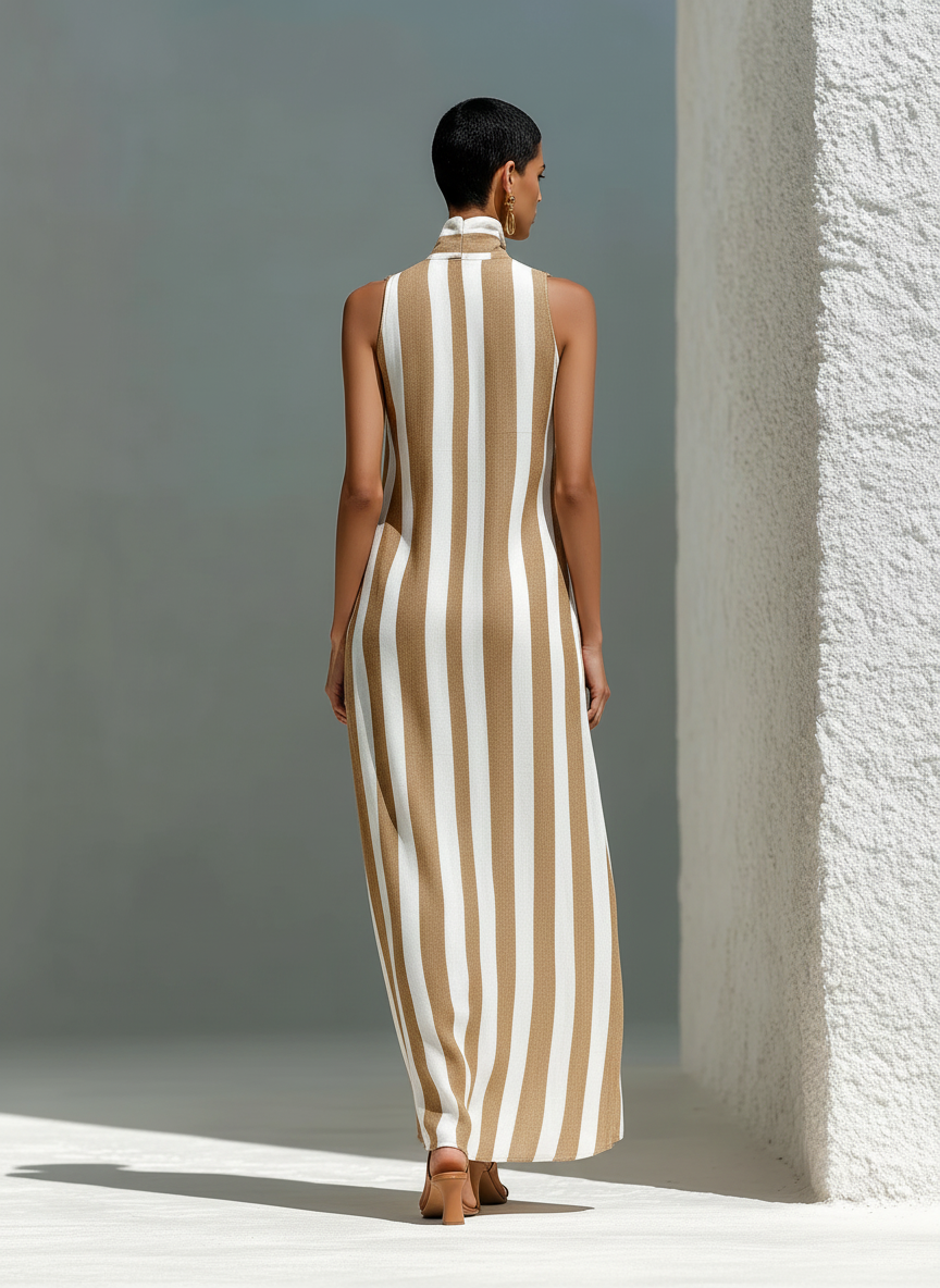 Women's Linen Sleeveless Zip High Neck Stripe A Line Maxi Dress