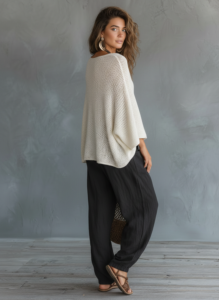Women Knit Top Linen Pants Two Piece Set Outfit