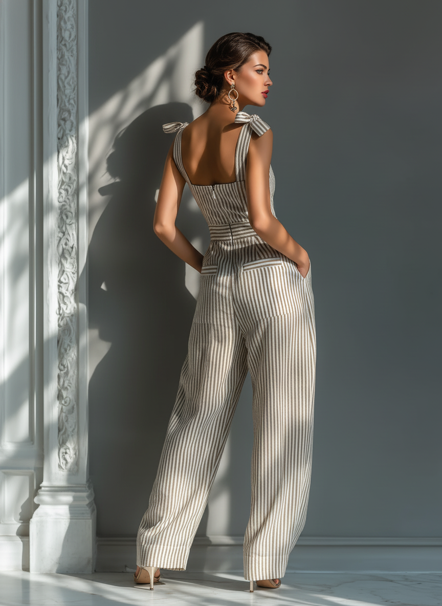 Combinaison femme en mélange de lin, sans manches, à encolure carrée et jambes larges