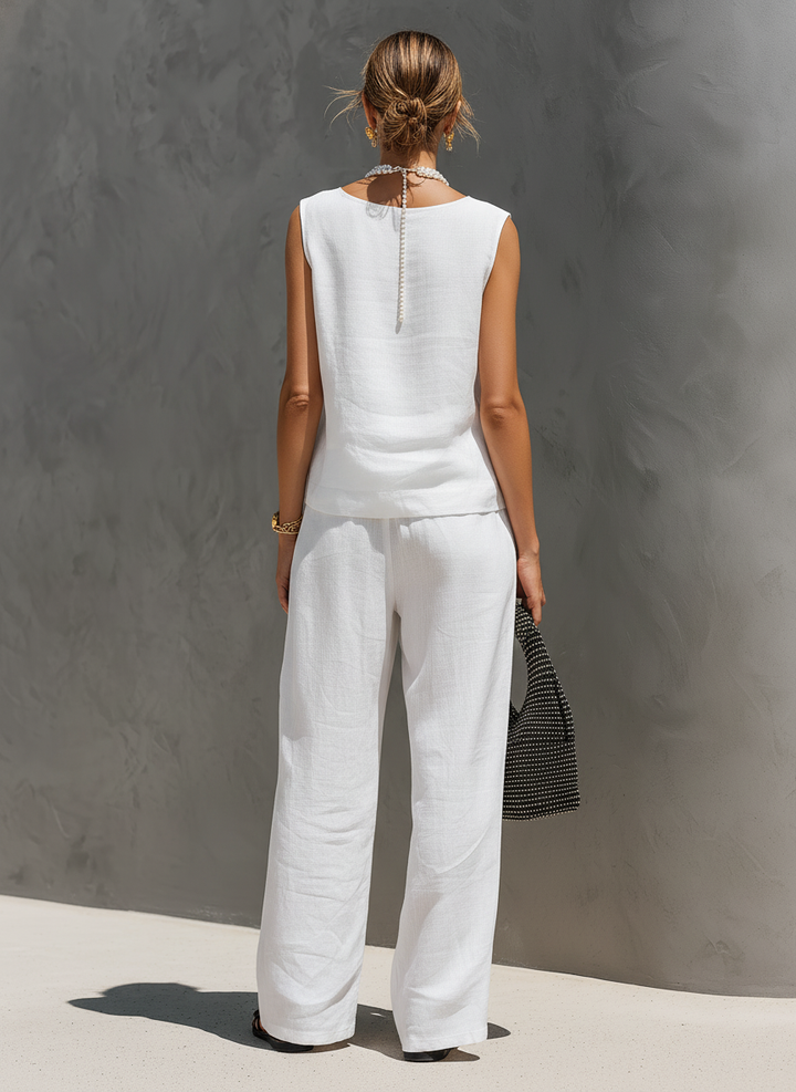 Women's Linen Two Piece Set Sleeveless Wide Leg Pants Outfit