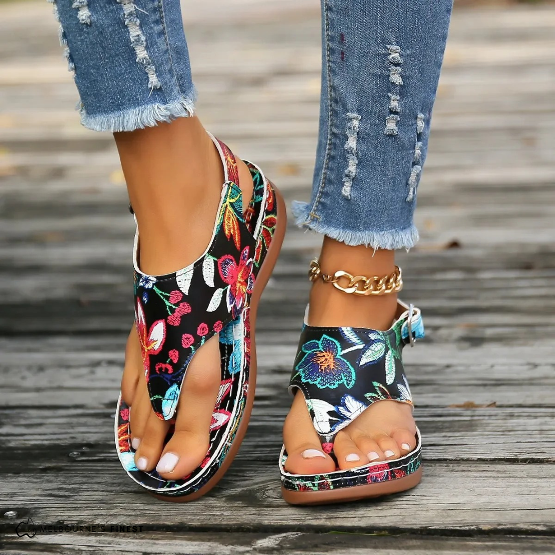 Women's Summer Floral Leather Sandals With Adjustable Strap