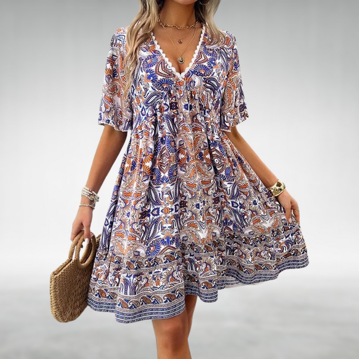 Women's Linen Boho V-Neck Short Sleeve Ruffle Mini Dress