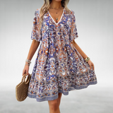 Women's Linen Boho V-Neck Short Sleeve Ruffle Mini Dress