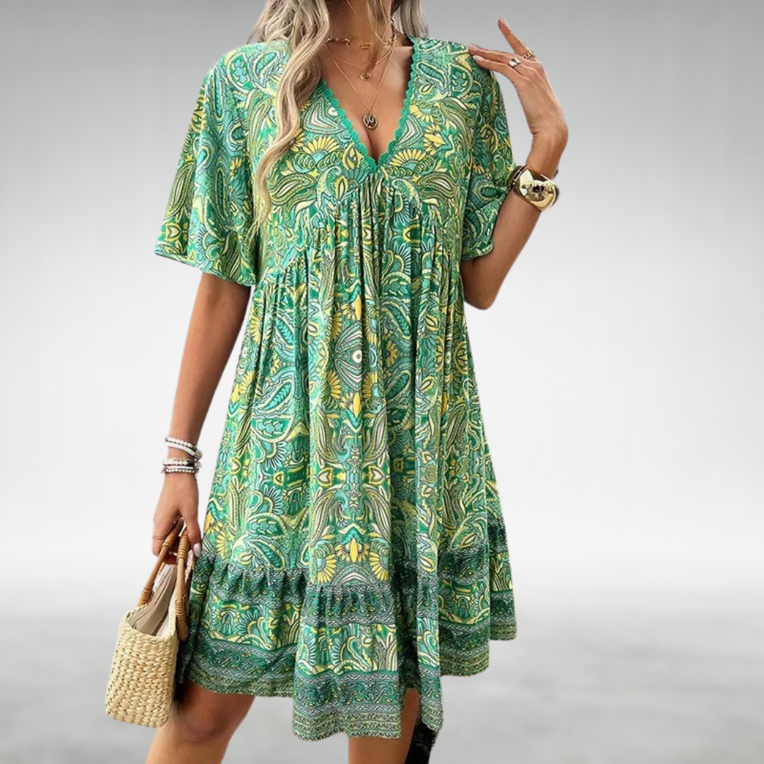 Women's Linen Boho V-Neck Paisley Print Mini Dress