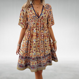 Women's Linen Boho V-Neck Paisley Print Mini Dress