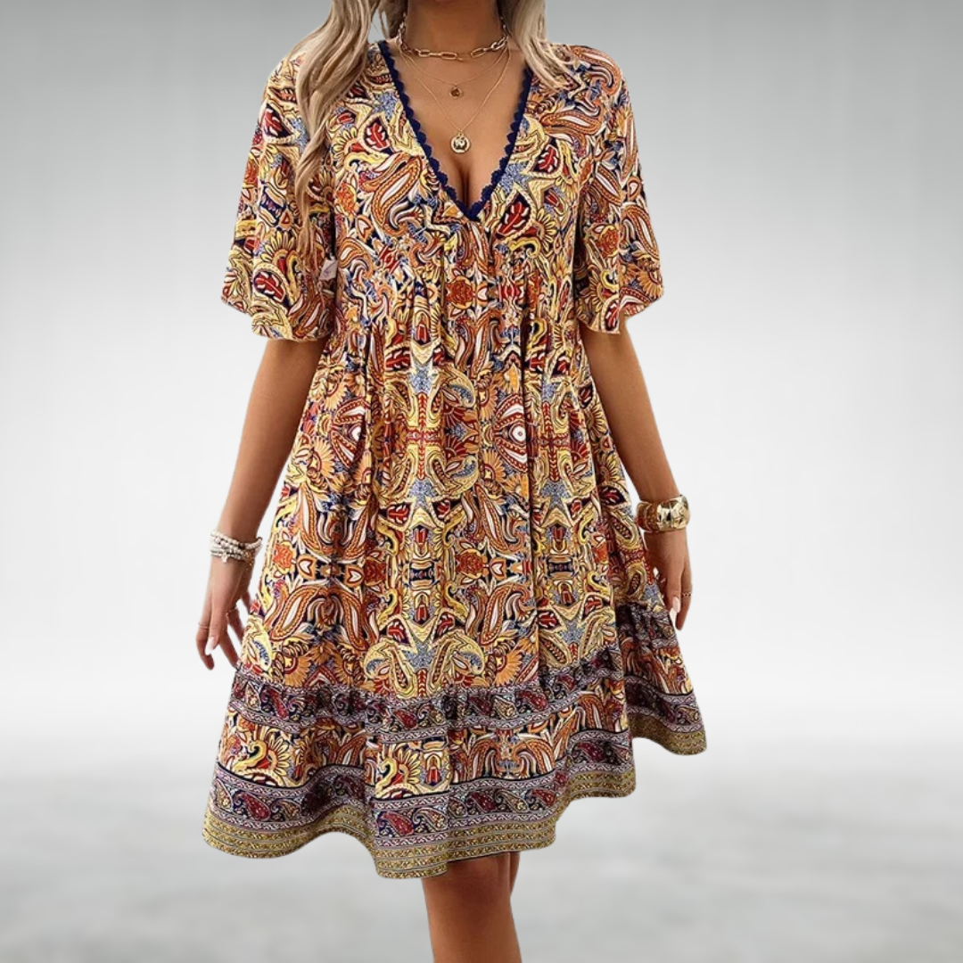 Women's Linen Boho V-Neck Short Sleeve Ruffle Mini Dress