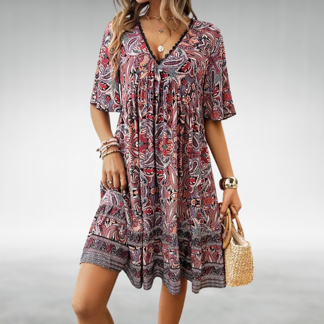 Women's Linen Boho V-Neck Paisley Print Mini Dress