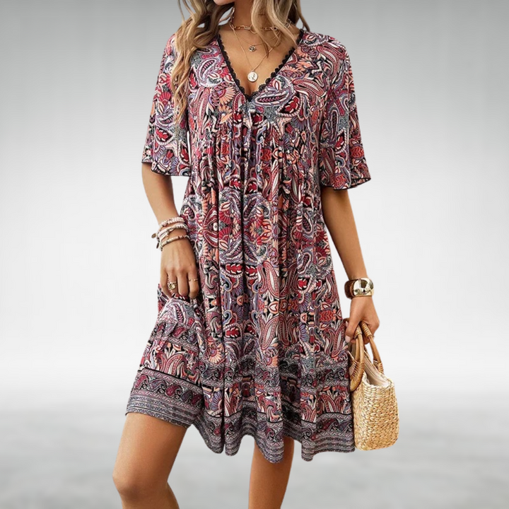 Women's Linen Boho V-Neck Short Sleeve Ruffle Mini Dress