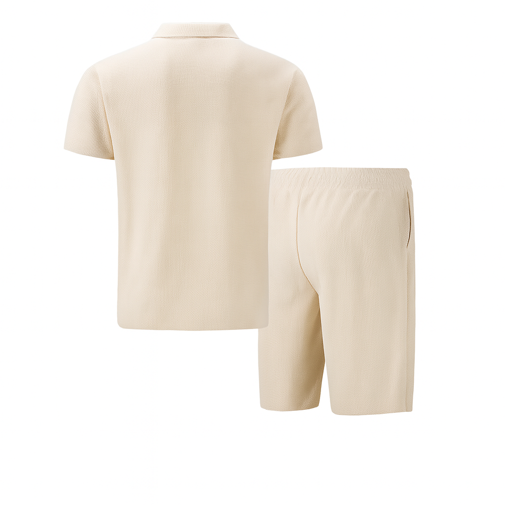 Men's Waffle Knit Quarter Zip Polo and Shorts Two-Piece Set