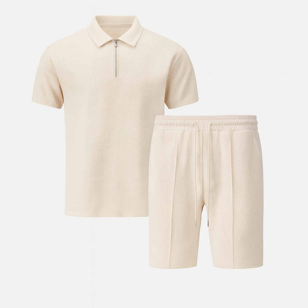 Men's Waffle Knit Quarter Zip Polo and Shorts Two-Piece Set