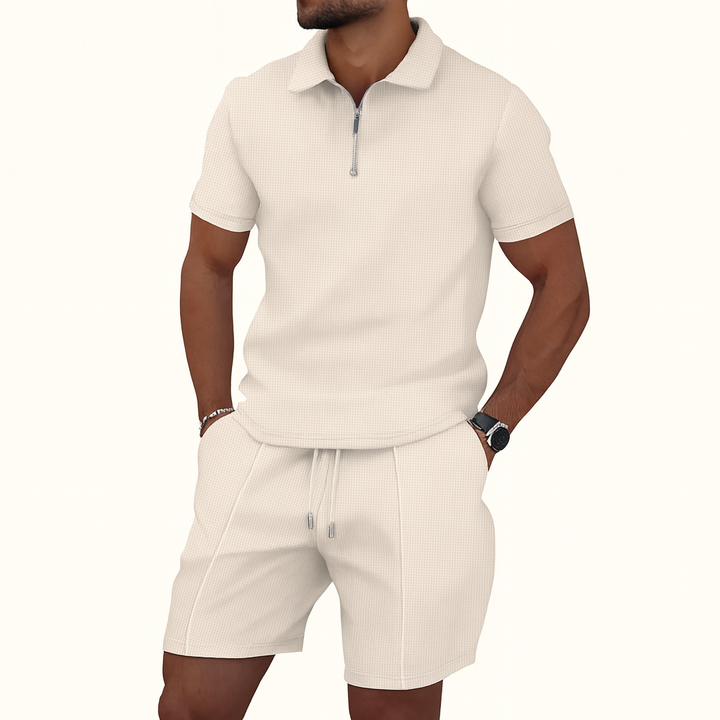 Men's Waffle Knit Quarter Zip Polo and Shorts Two-Piece Set