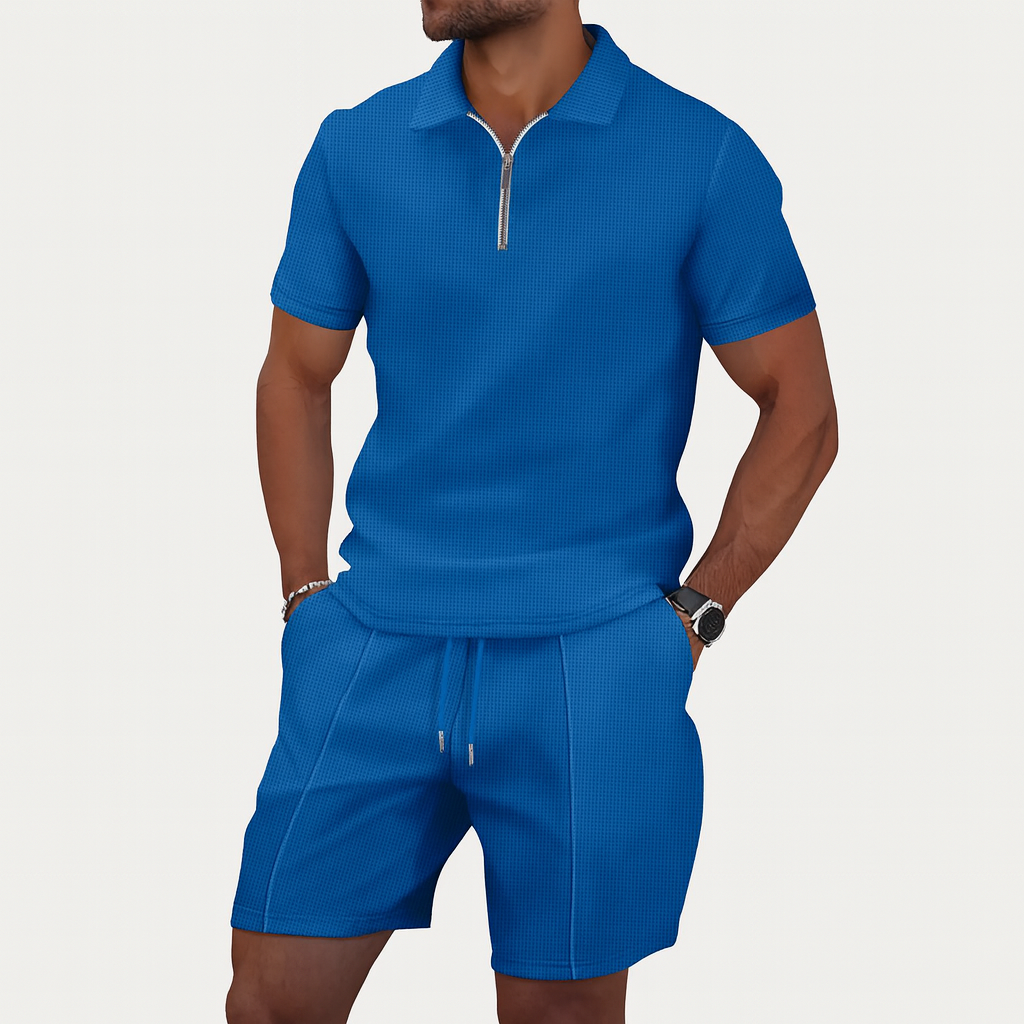 Men's Waffle Knit Quarter Zip Polo and Shorts Two-Piece Set