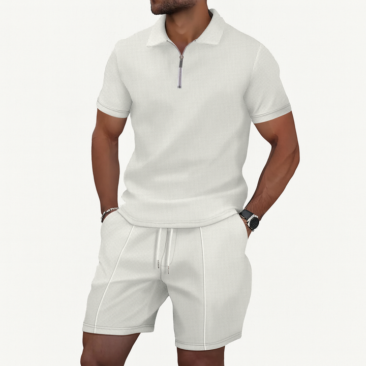 Men's Waffle Knit Quarter Zip Polo and Shorts Two-Piece Set