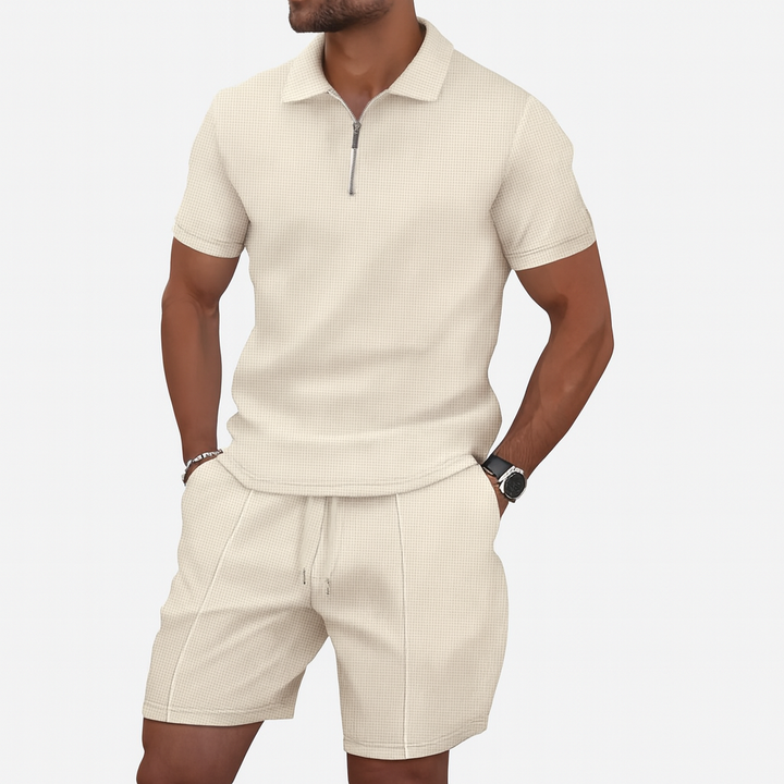 Men's Waffle Knit Quarter Zip Polo and Shorts Two-Piece Set