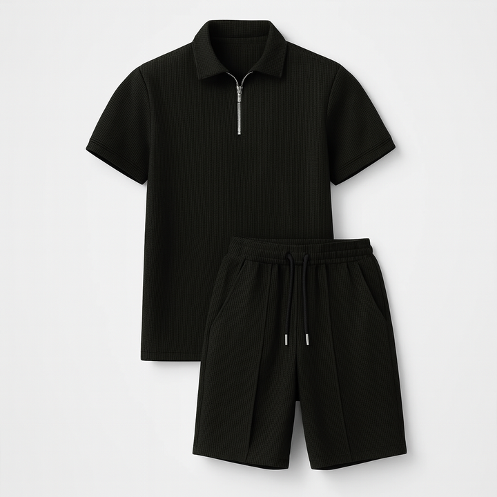 Men's Waffle Knit Quarter Zip Polo and Shorts Two-Piece Set