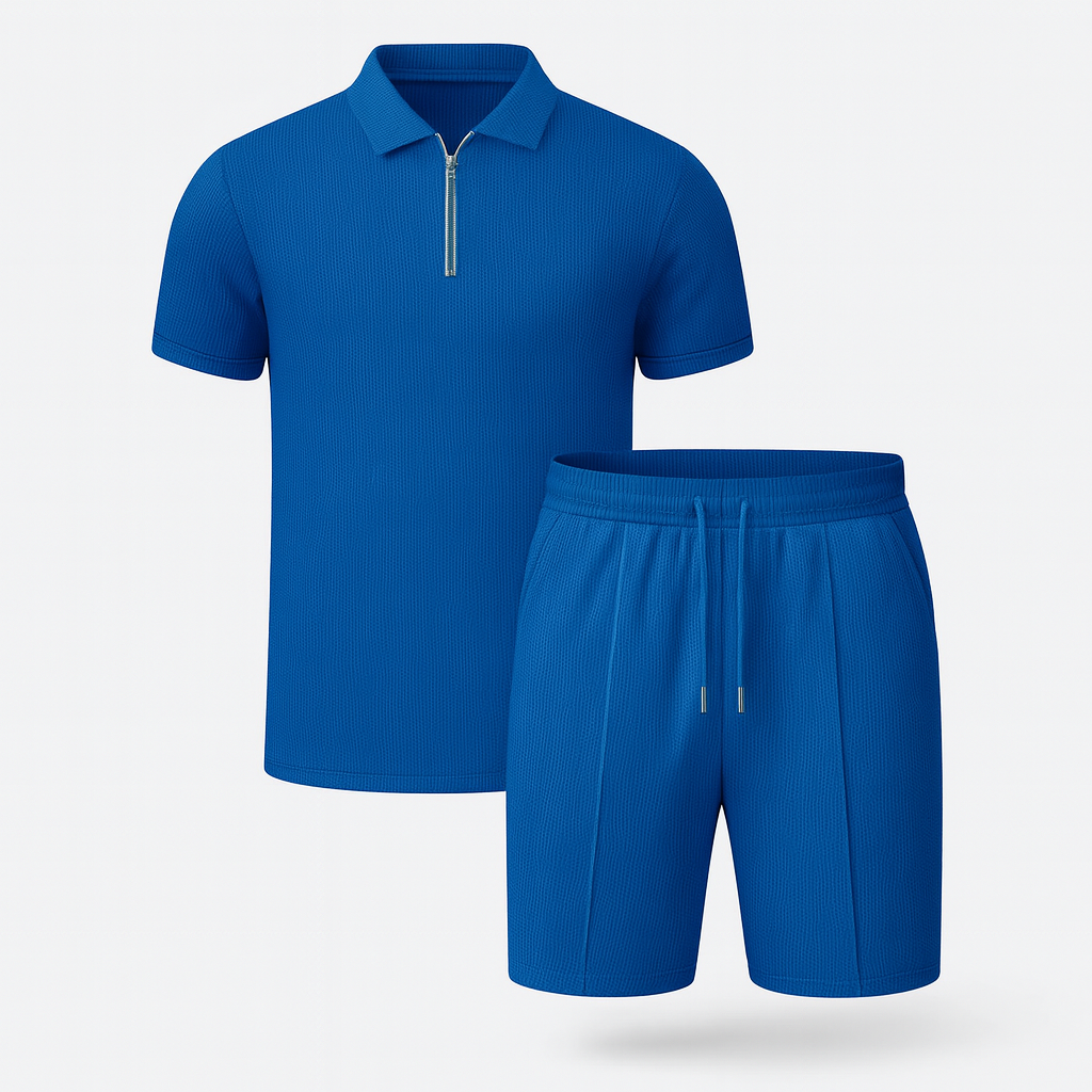 Men's Waffle Knit Quarter Zip Polo and Shorts Two-Piece Set