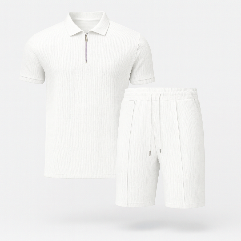 Men's Waffle Knit Quarter Zip Polo and Shorts Two-Piece Set