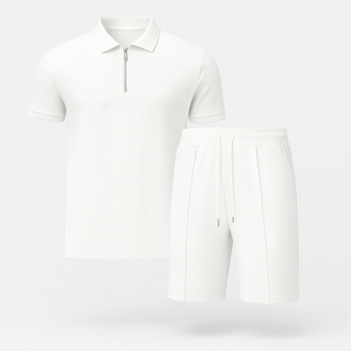 Men's Waffle Knit Quarter Zip Polo and Shorts Two-Piece Set