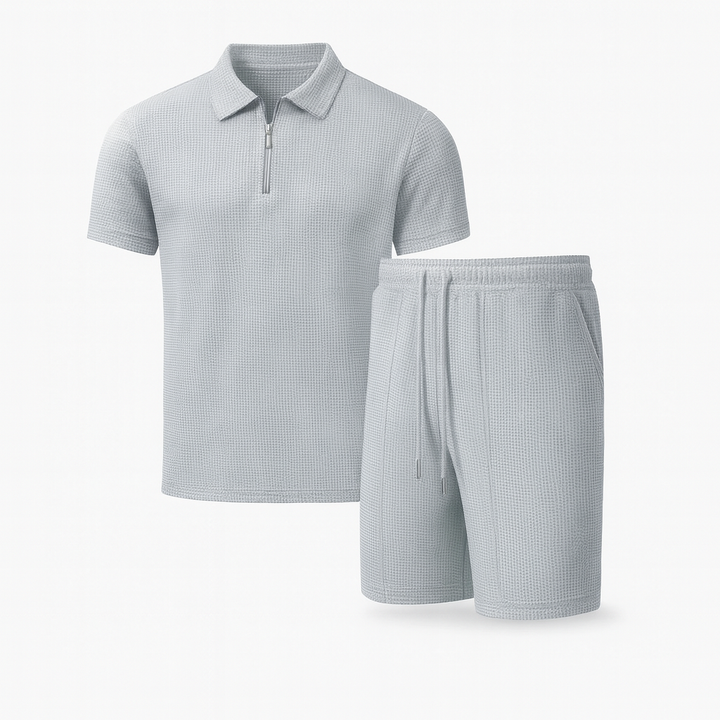 Men's Waffle Knit Quarter Zip Polo and Shorts Two-Piece Set