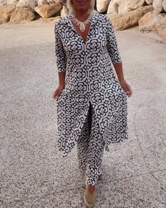 Women’s Linen Printed Button-Front Top & Trousers Set