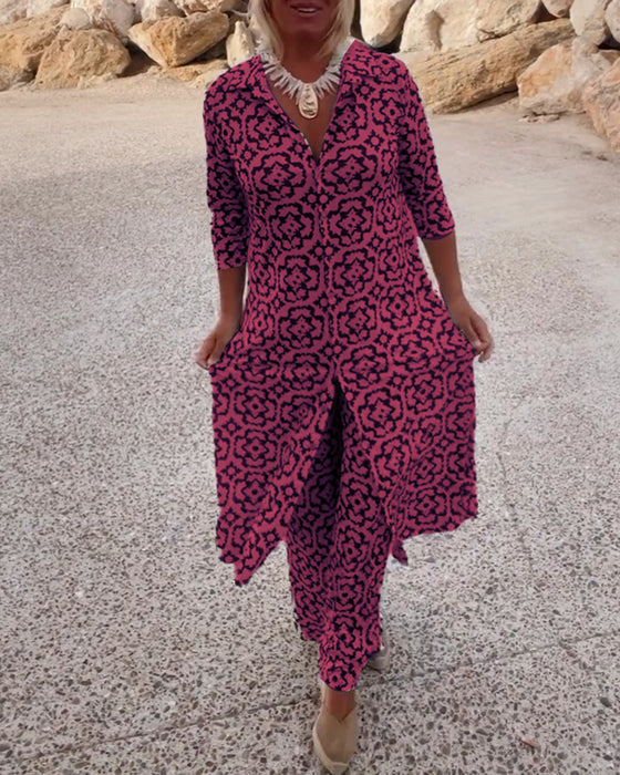 Women’s Linen Printed Button-Front Top & Trousers Set
