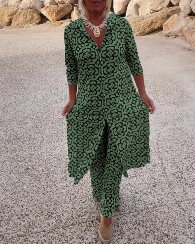 Women’s Linen Printed Button-Front Top & Trousers Set