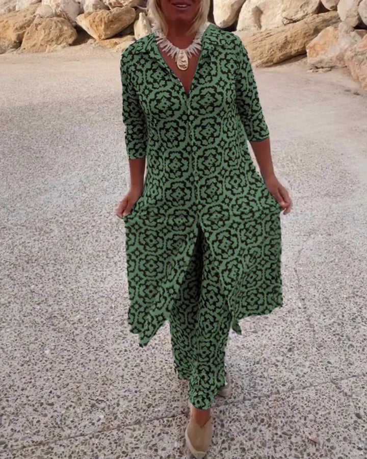 Women’s Linen Printed Button-Front Top & Trousers Set