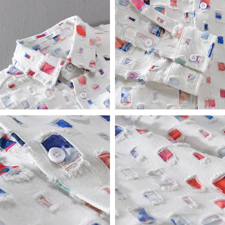 Men's Linen Abstract Print Long Sleeve Button Down Casual Shirt