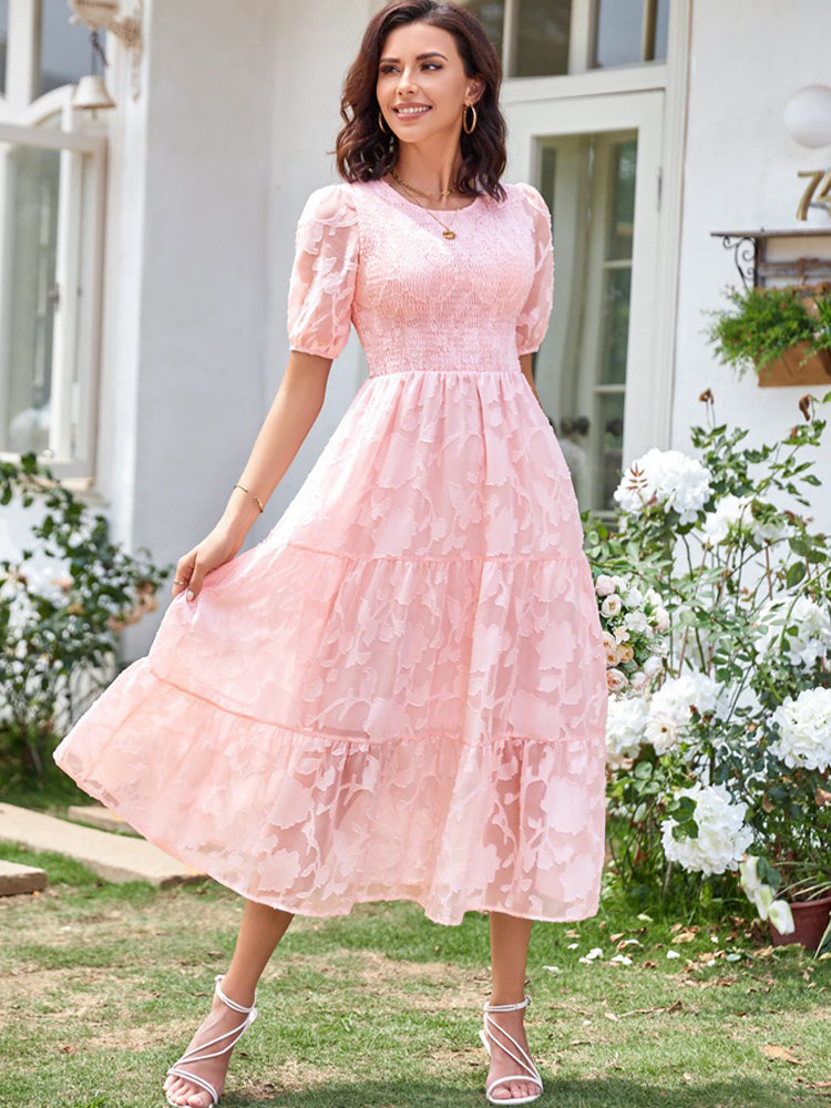 Women’s Linen-Blend Puff-Sleeve Tiered Midi Dress