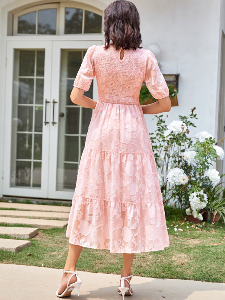 Women’s Linen-Blend Puff-Sleeve Tiered Midi Dress