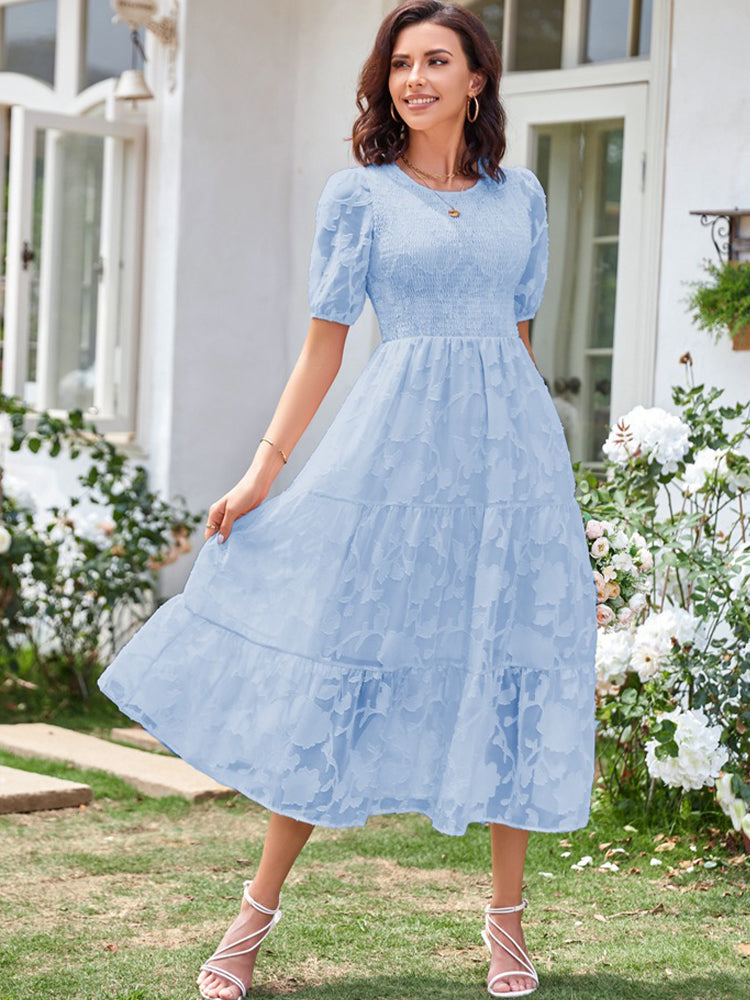 Women’s Linen-Blend Puff-Sleeve Tiered Midi Dress