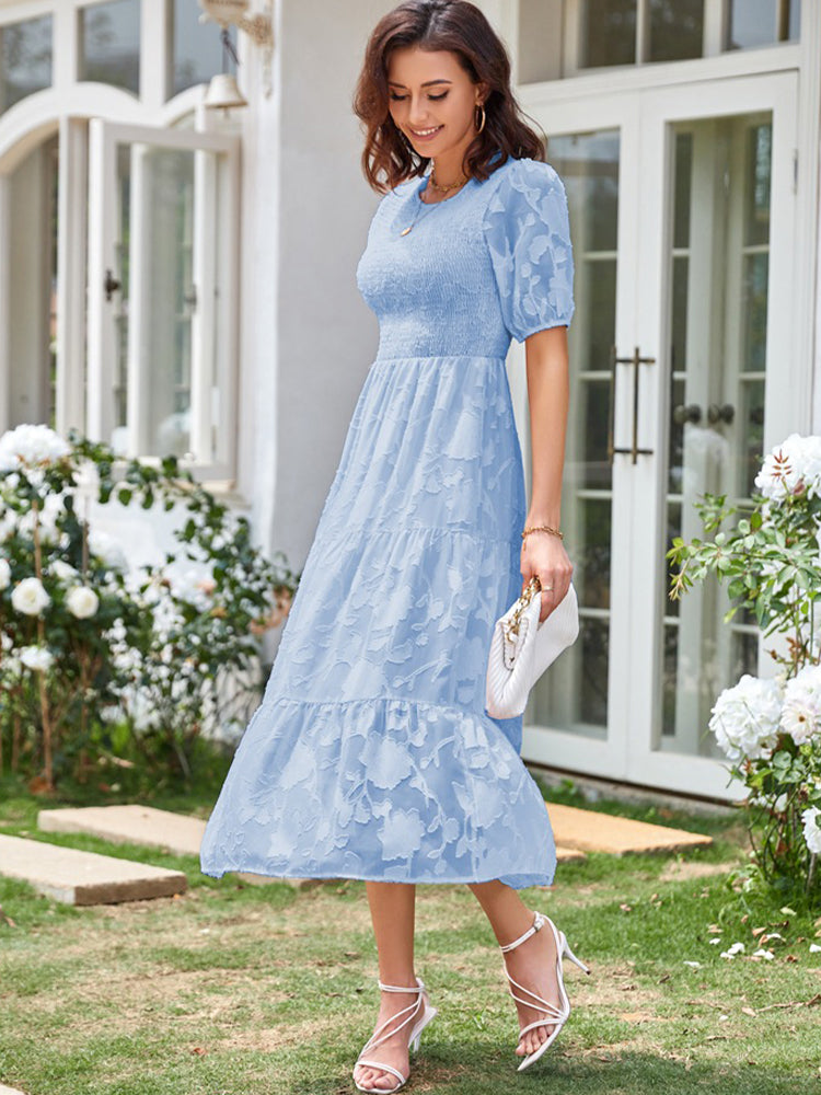 Women’s Linen-Blend Puff-Sleeve Tiered Midi Dress
